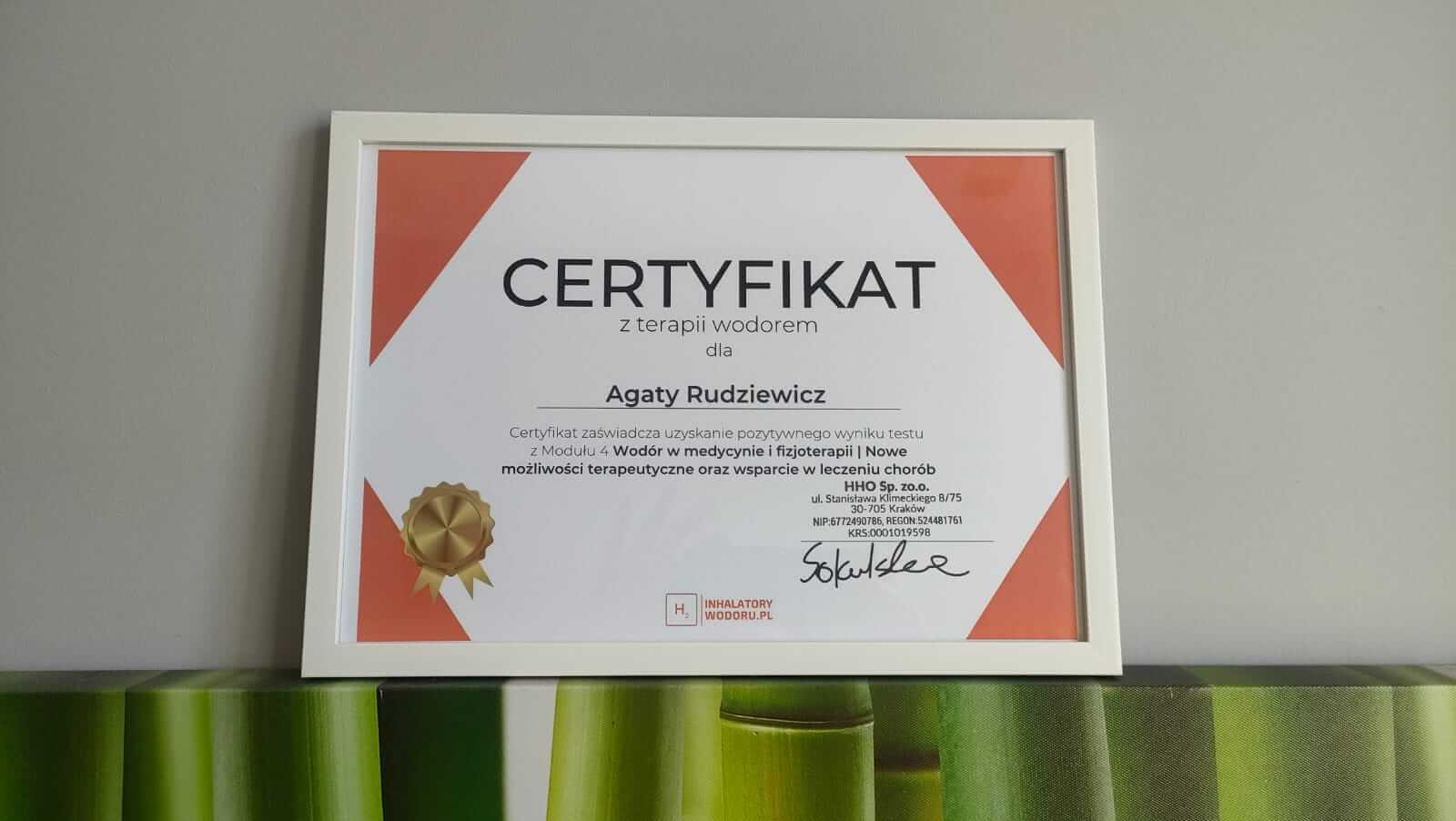 Certyfikat wodoroterapii — AGAMED